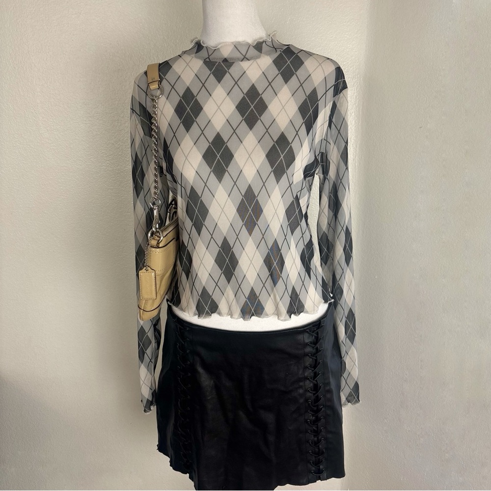 J for Justify Argyle Mesh Top Medium Sheer Long Sleeve Mock Neck